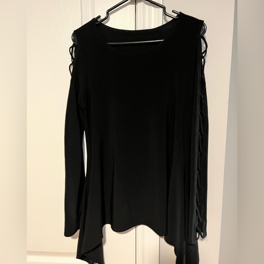 Black angled long sleeve top with cut out down arms